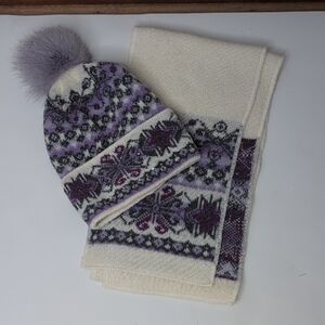 Purple and Cream Knit Beanie and Scarf Set